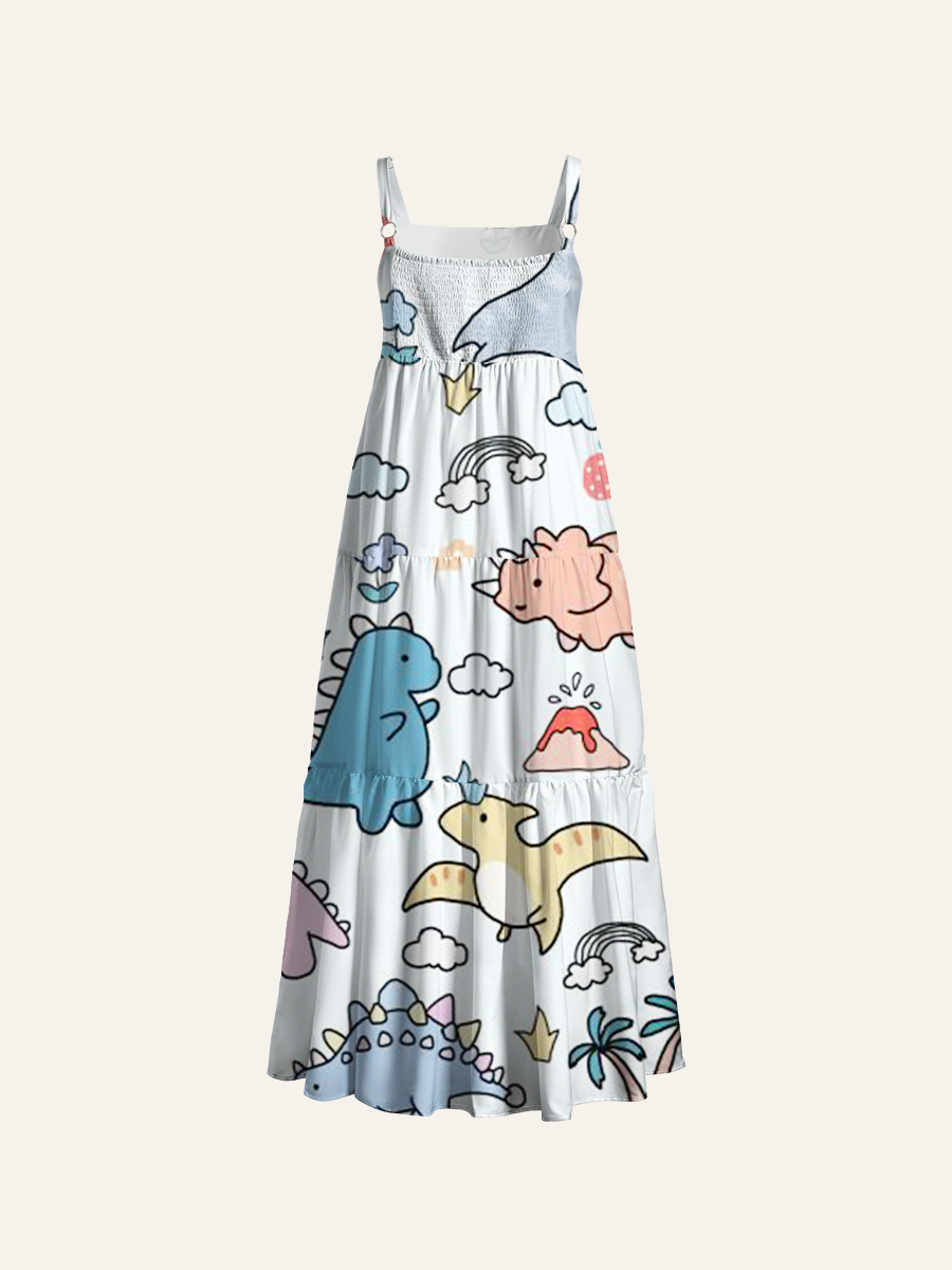 Chibi Dinosaur Adjustable Wide Straps Maxi Dress