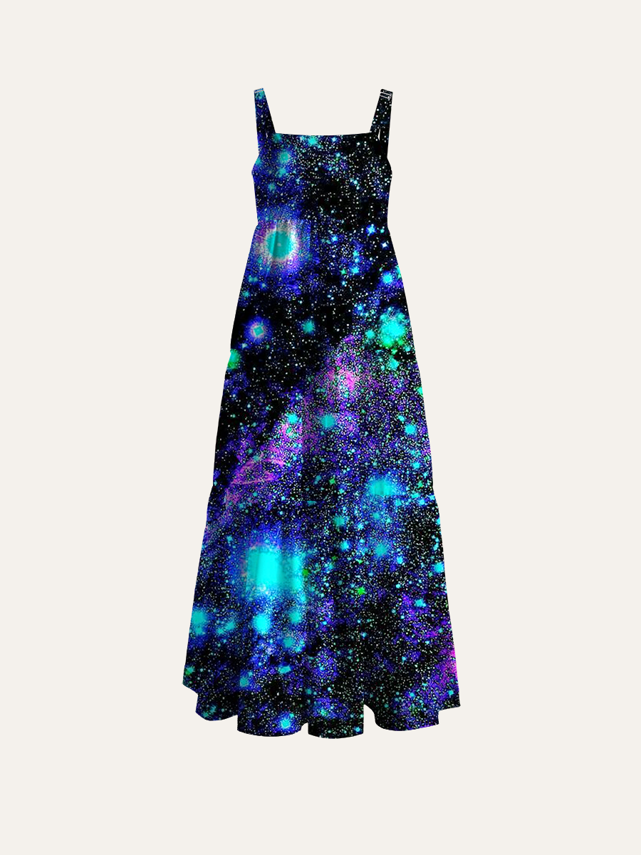 Cosmic Nebula Ink Wash Adjustable Wide Straps Maxi Dress