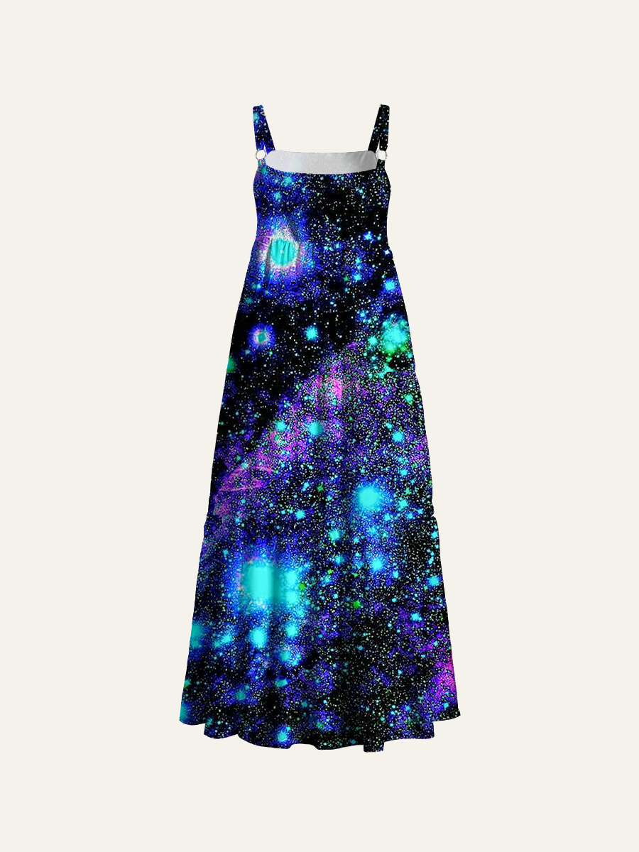 Cosmic Nebula Ink Wash Adjustable Wide Straps Maxi Dress