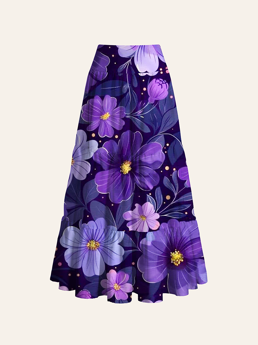 Dark Lavender Bloom Pattern Convertible Maxi Skirts