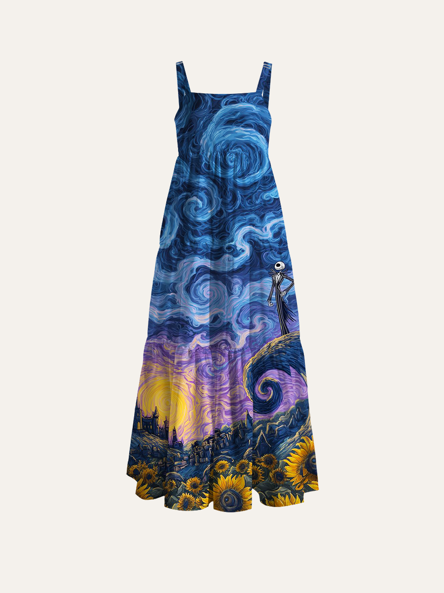 Jack Skellington in Starry Sky Adjustable Wide Straps Maxi Dress