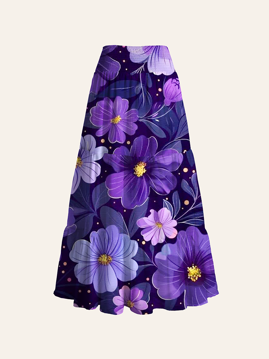 Dark Lavender Bloom Pattern Convertible Maxi Skirts