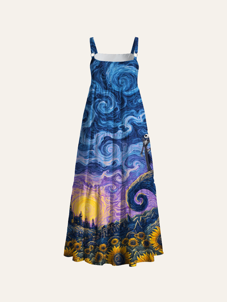 Jack Skellington in Starry Sky Adjustable Wide Straps Maxi Dress