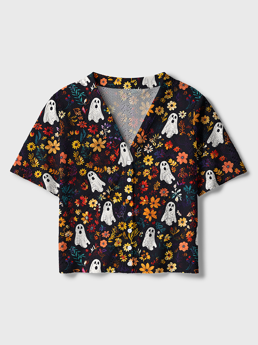 Dark Vintage Bookshelf Floral Ghost Halloween Crochet Button Down Cardigan