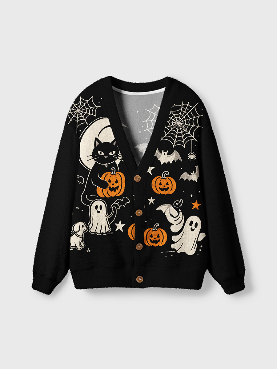 Vintage Cute Black Cat Holding Jack-O'-Lantern Cardigan Sweaters
