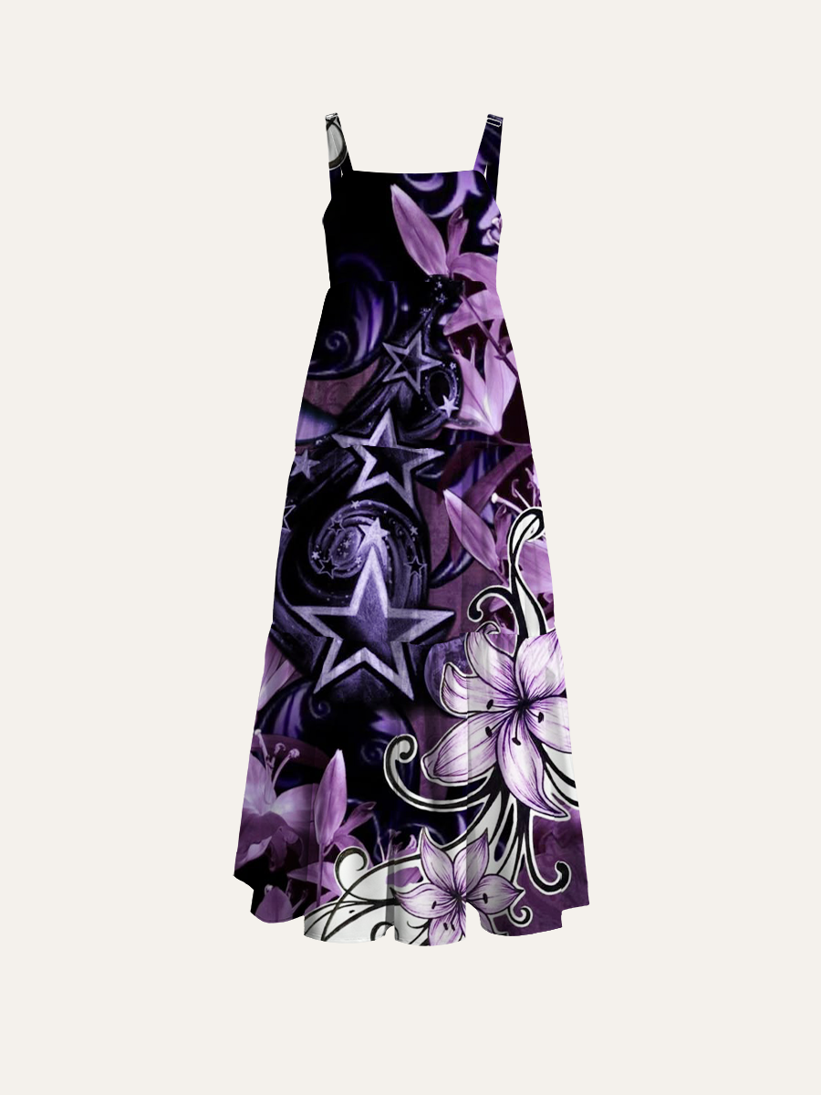 Y2K Goth Purple Lily Star Adjustable Wide Straps Maxi Dress