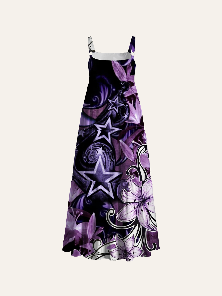 Y2K Goth Purple Lily Star Adjustable Wide Straps Maxi Dress