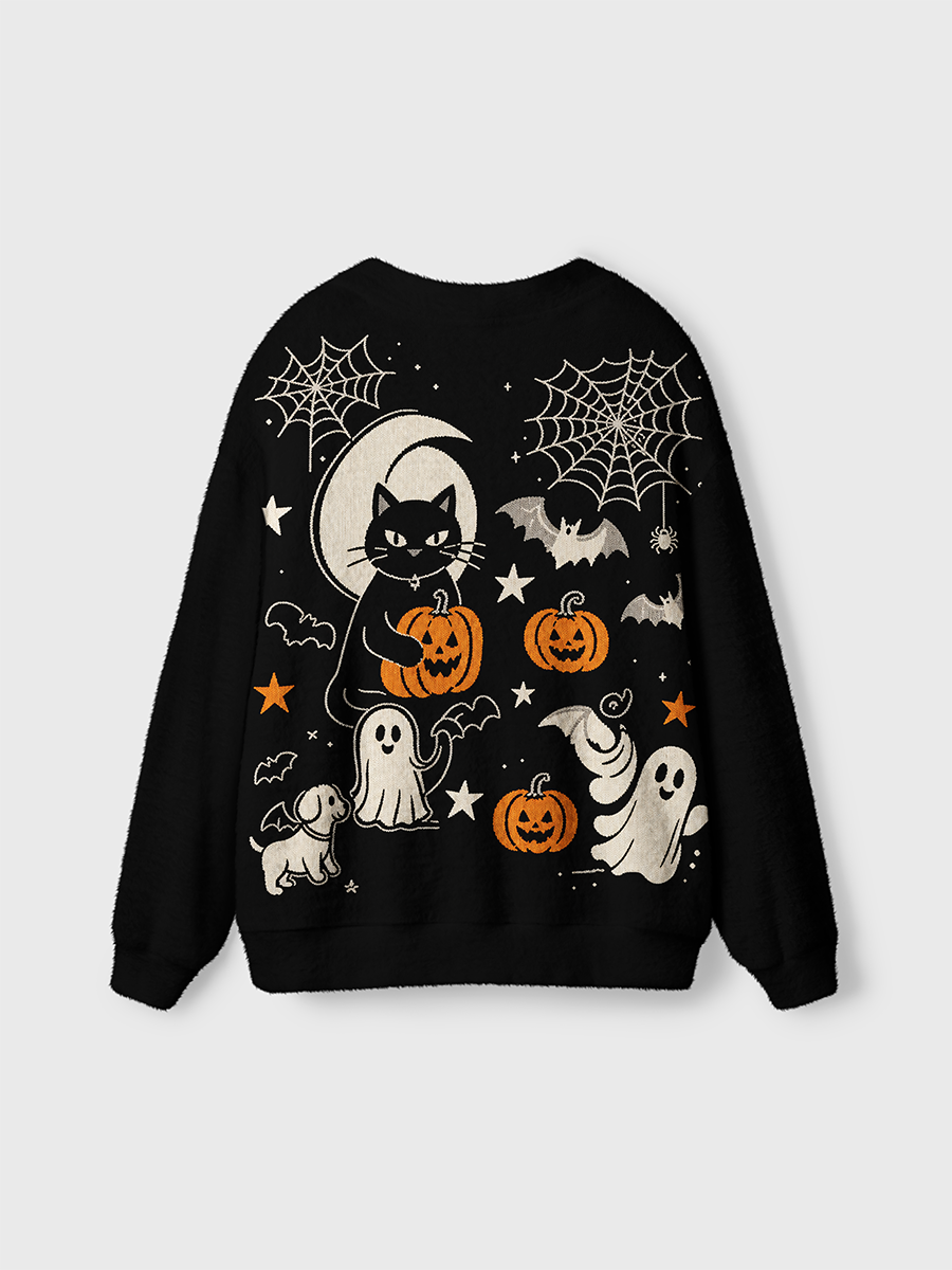 Vintage Cute Black Cat Holding Jack-O'-Lantern Cardigan Sweaters