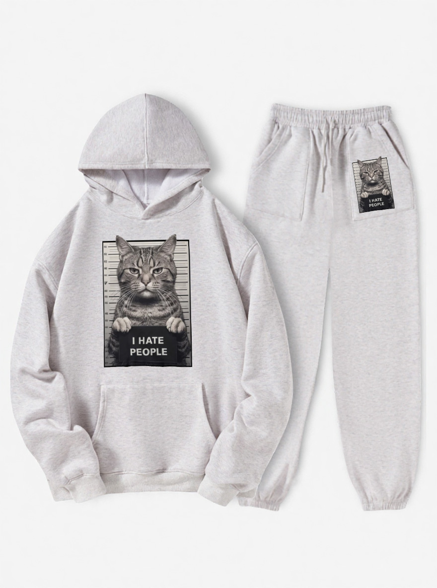 Vintage I Hate People Cat Washed T-Shirt Fleece Hoodie Suit