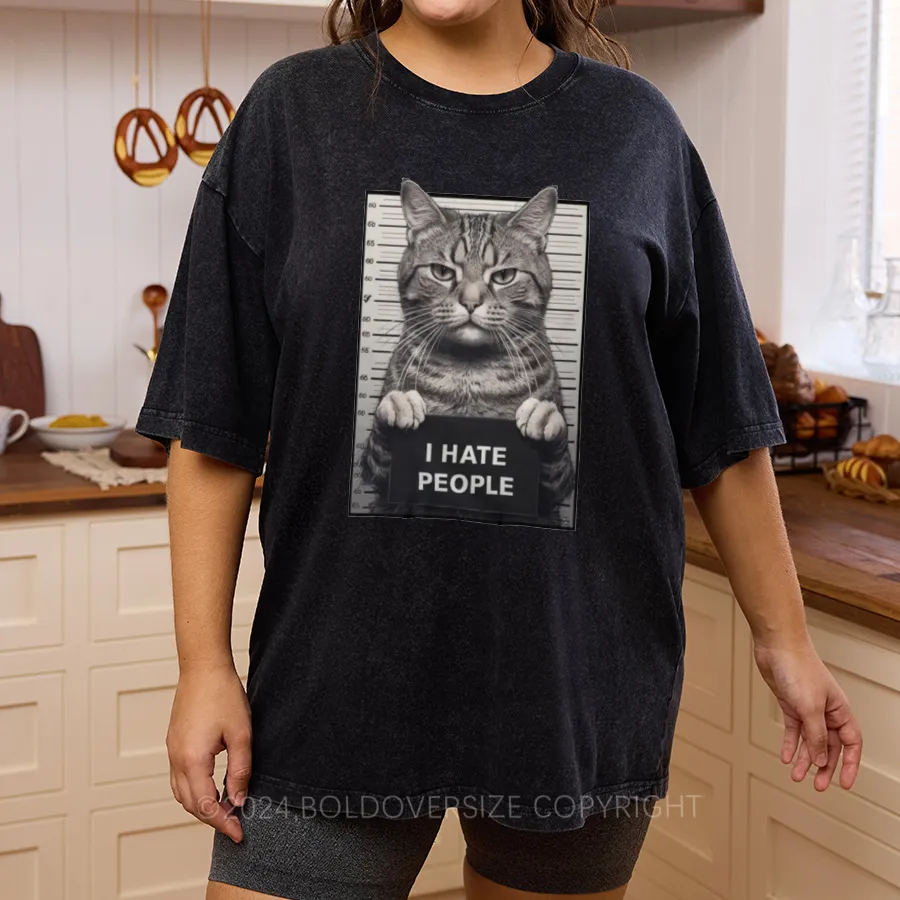 Vintage I Hate People Cat Washed T-Shirt