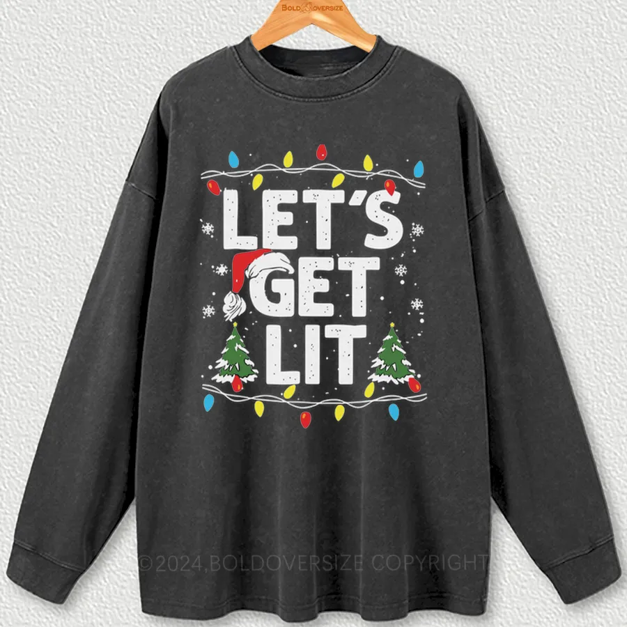 Vintage Lets Get Lit Christmas Party Washed Long Sleeve Shirt
