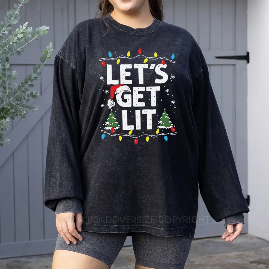 Vintage Lets Get Lit Christmas Party Washed Long Sleeve Shirt