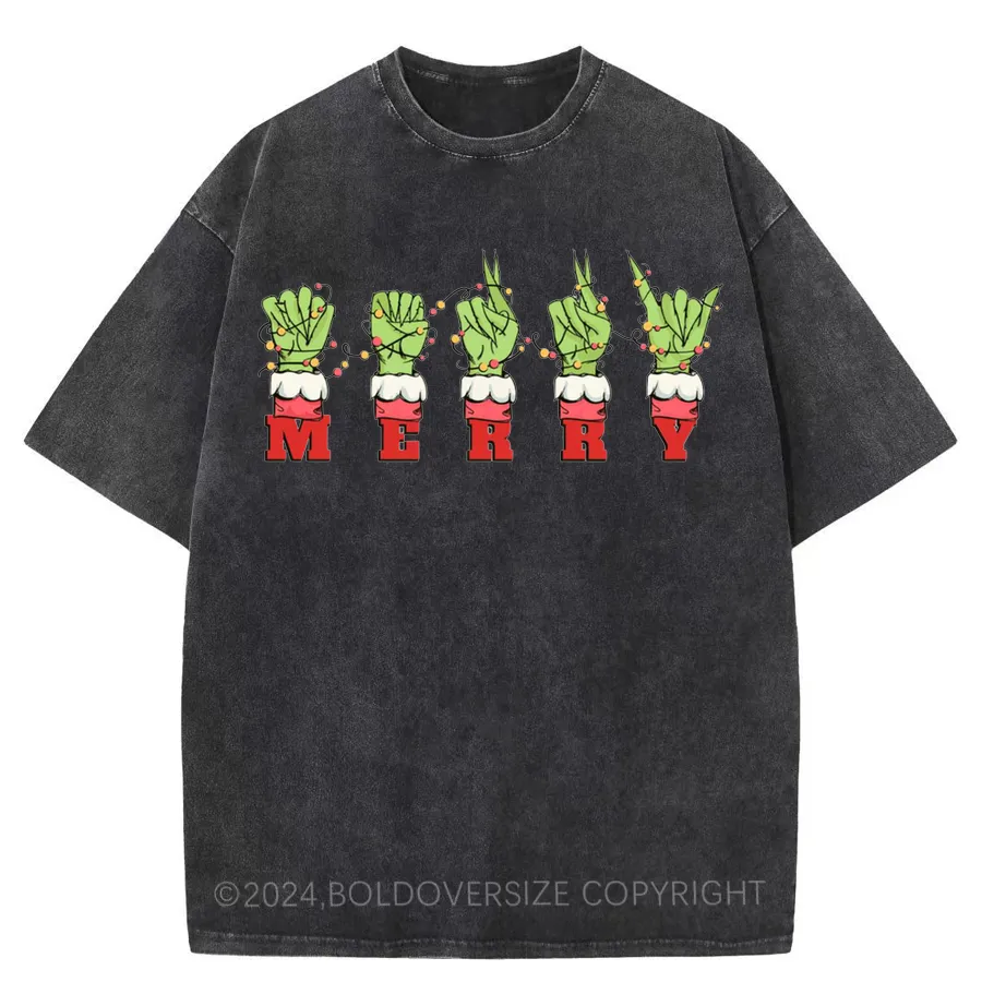 Vintage Hand Asl Merry Christmas Sign Language Washed T-Shirt