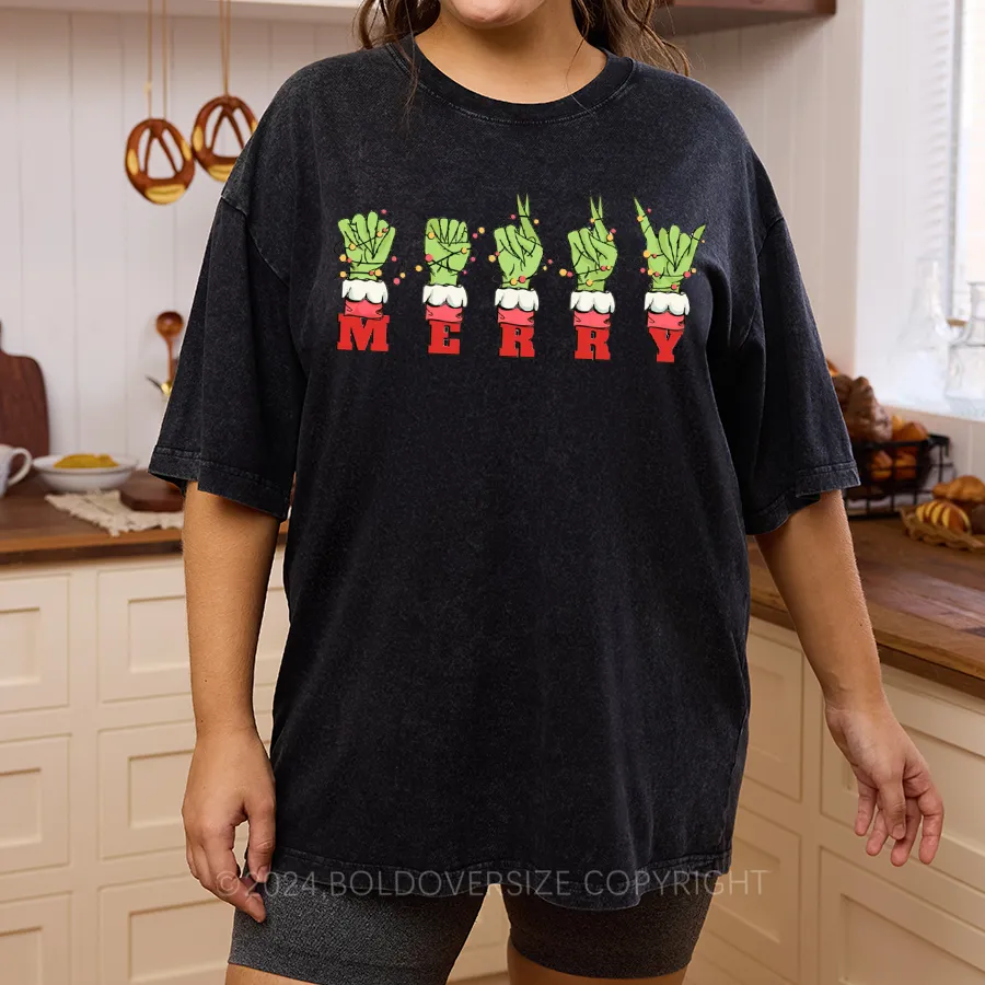 Vintage Hand Asl Merry Christmas Sign Language Washed T-Shirt