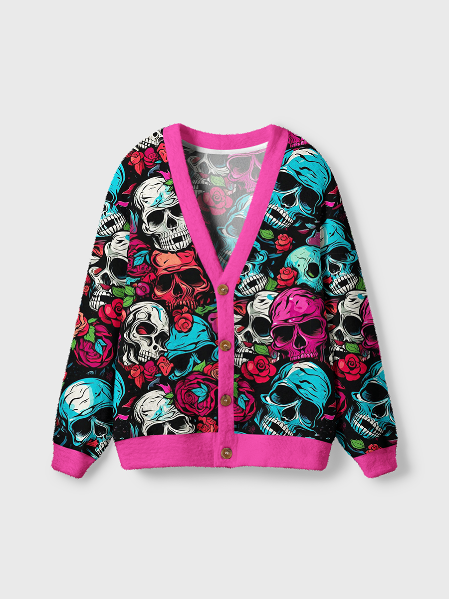 Vintage Punk Neon Blue And Red Colorful Skeletons Cardigan Sweaters