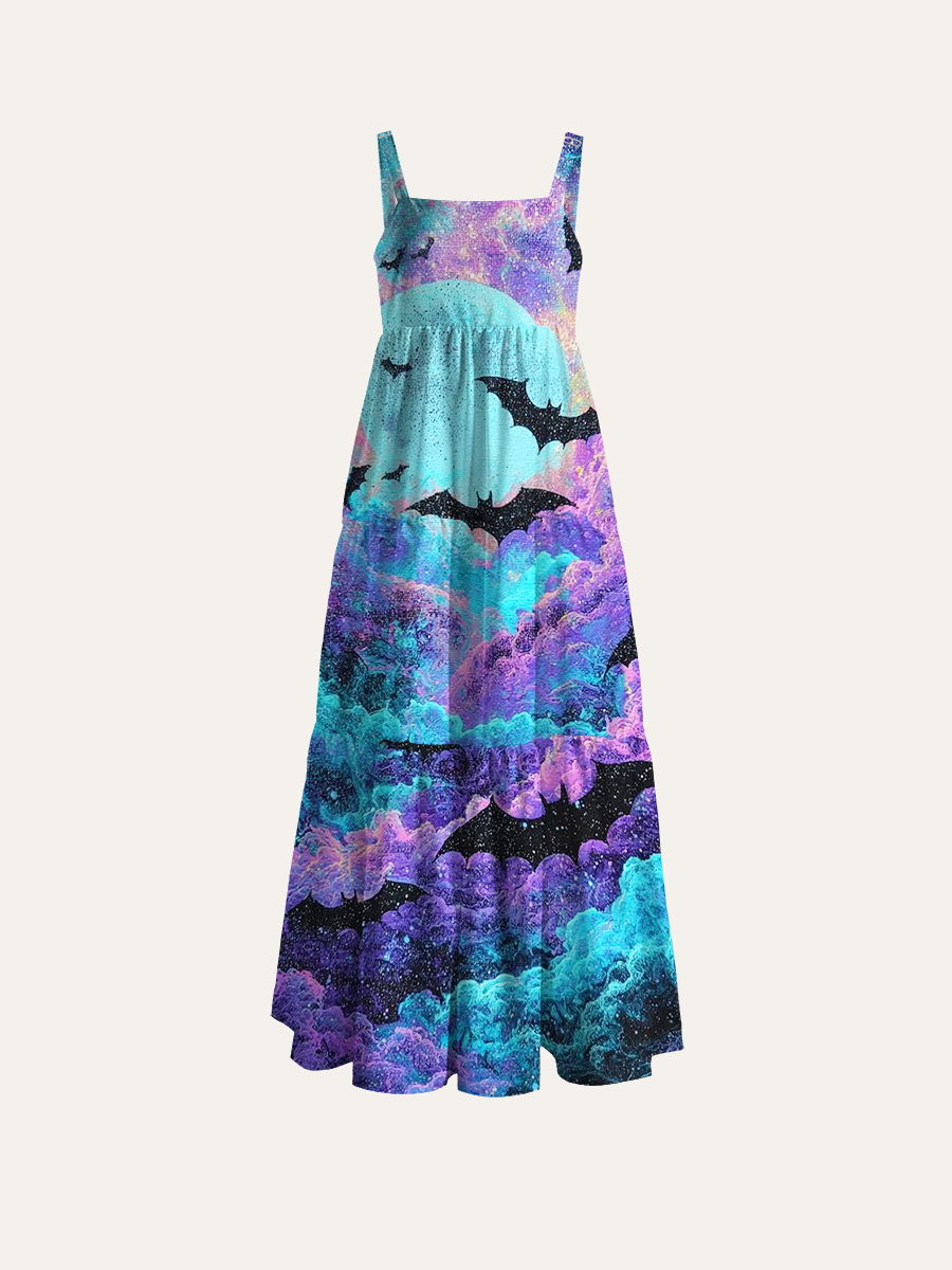 Pastel Teal Purple Swirling Cloud Adjustable Wide Straps Maxi Dress