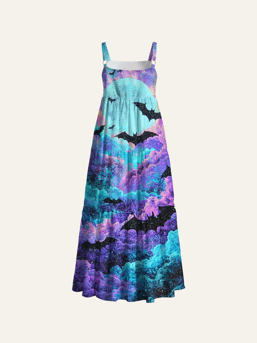 Pastel Teal Purple Swirling Cloud Adjustable Wide Straps Maxi Dress