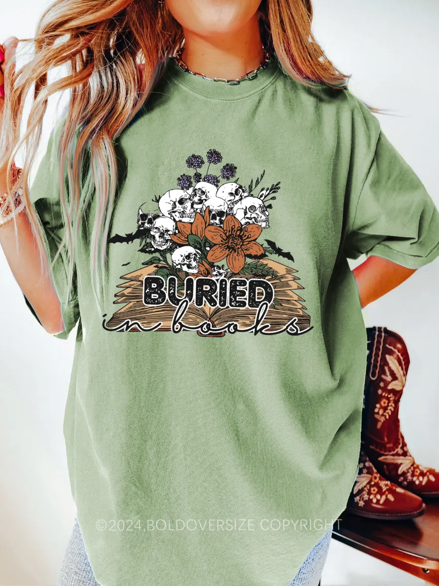 Vintage Buried In Books Floral Skull Books Tee