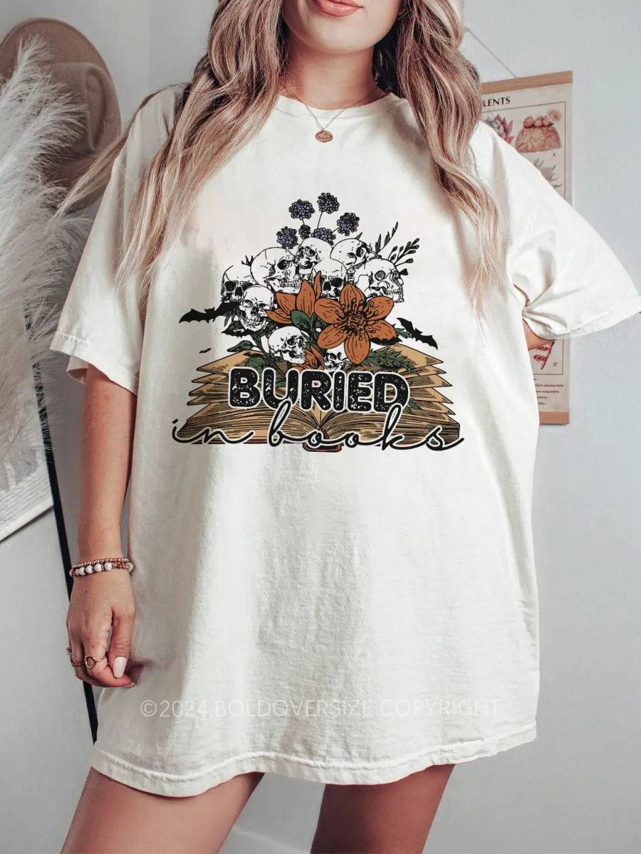 Vintage Buried In Books Floral Skull Books Tee