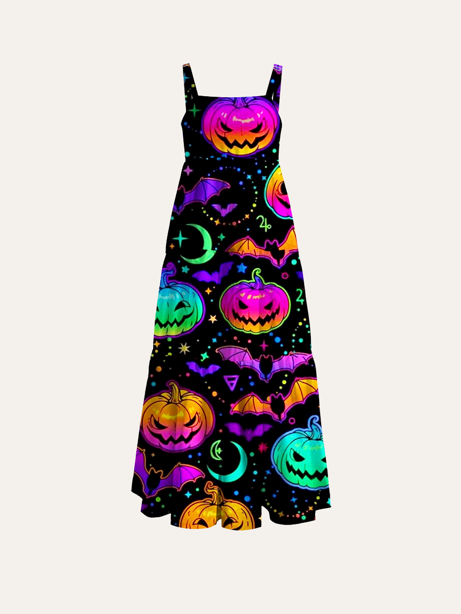 Neon Rainbow Jack-O-Lantern Adjustable Wide Straps Maxi Dress