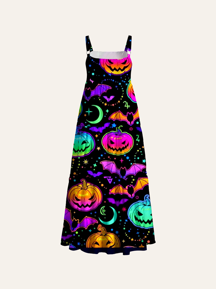 Neon Rainbow Jack-O-Lantern Adjustable Wide Straps Maxi Dress