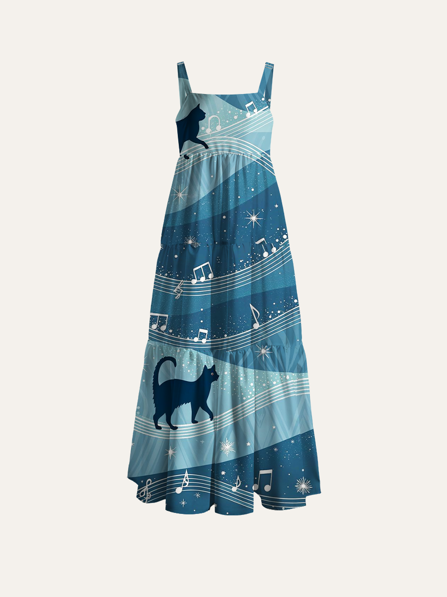 Black Cat Silhouettes Walking On Music Staff Adjustable Wide Straps Maxi Dress