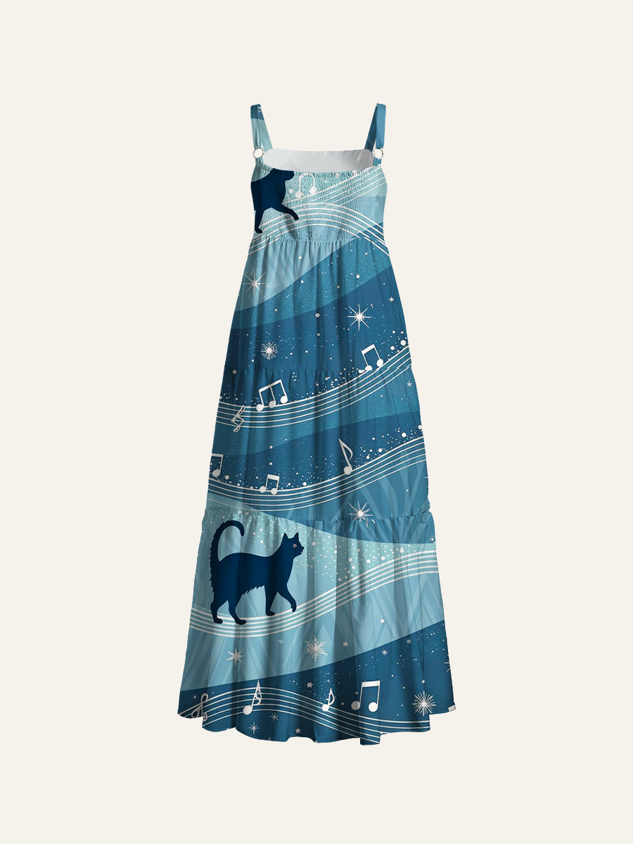 Black Cat Silhouettes Walking On Music Staff Adjustable Wide Straps Maxi Dress