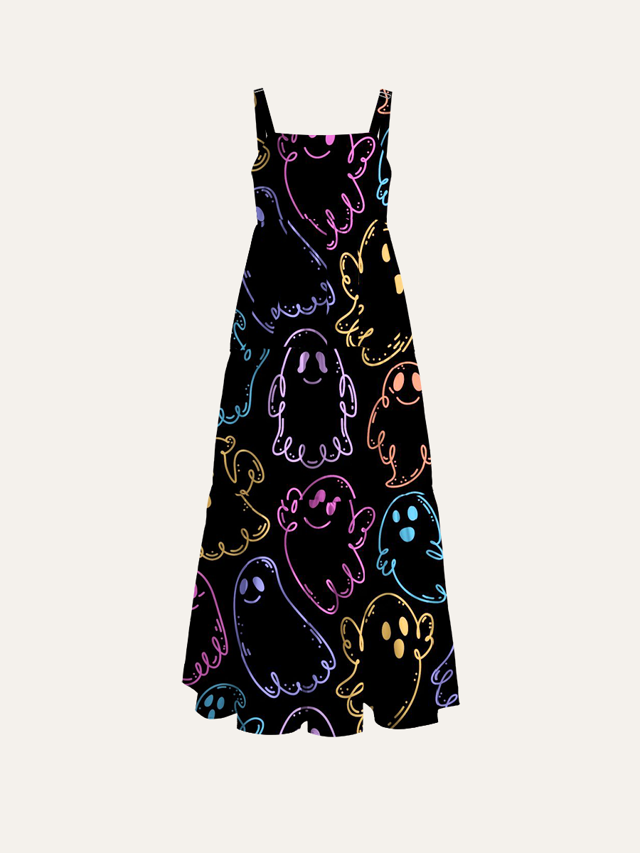 Neon Multicolor Outline Ghost Halloween Adjustable Wide Straps Maxi Dress