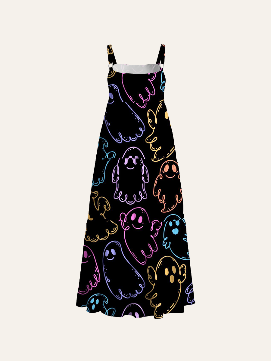Neon Multicolor Outline Ghost Halloween Adjustable Wide Straps Maxi Dress