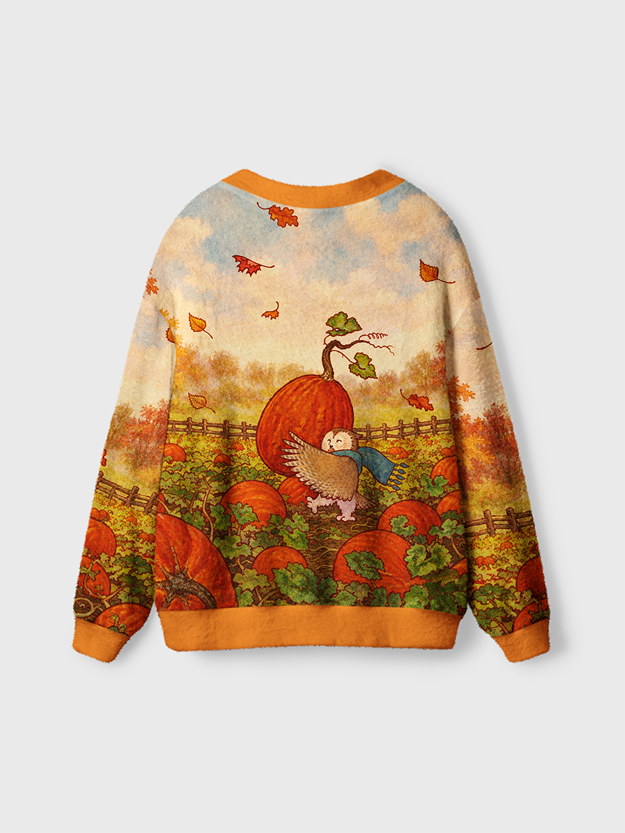 Vintage Scarf Little Owl And Giant Pumpkin Cardigan Sweaters