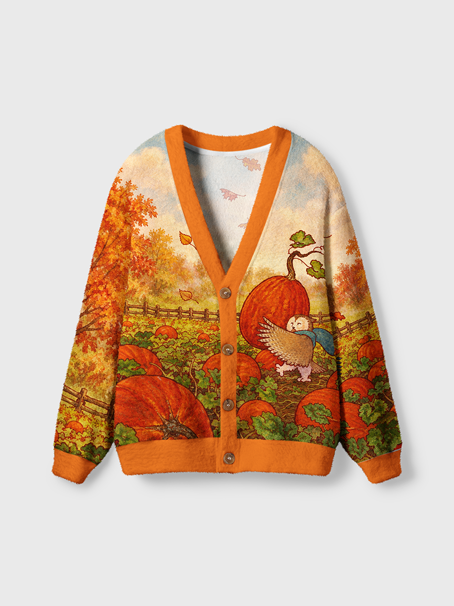 Vintage Scarf Little Owl And Giant Pumpkin Cardigan Sweaters