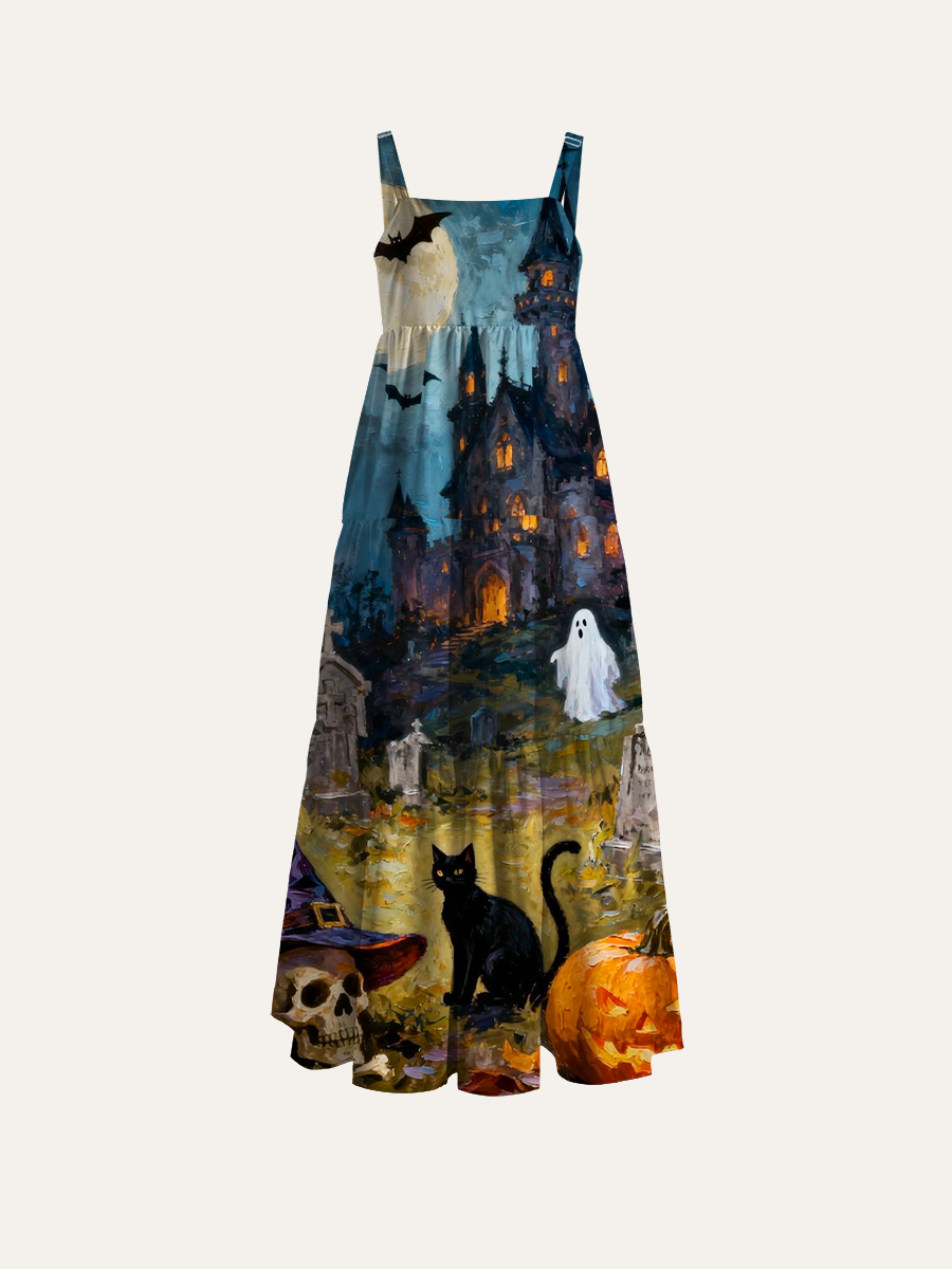 Vintage Oil Painting Haunted Castle Halloween Adjustable Wide Straps Maxi Dress
