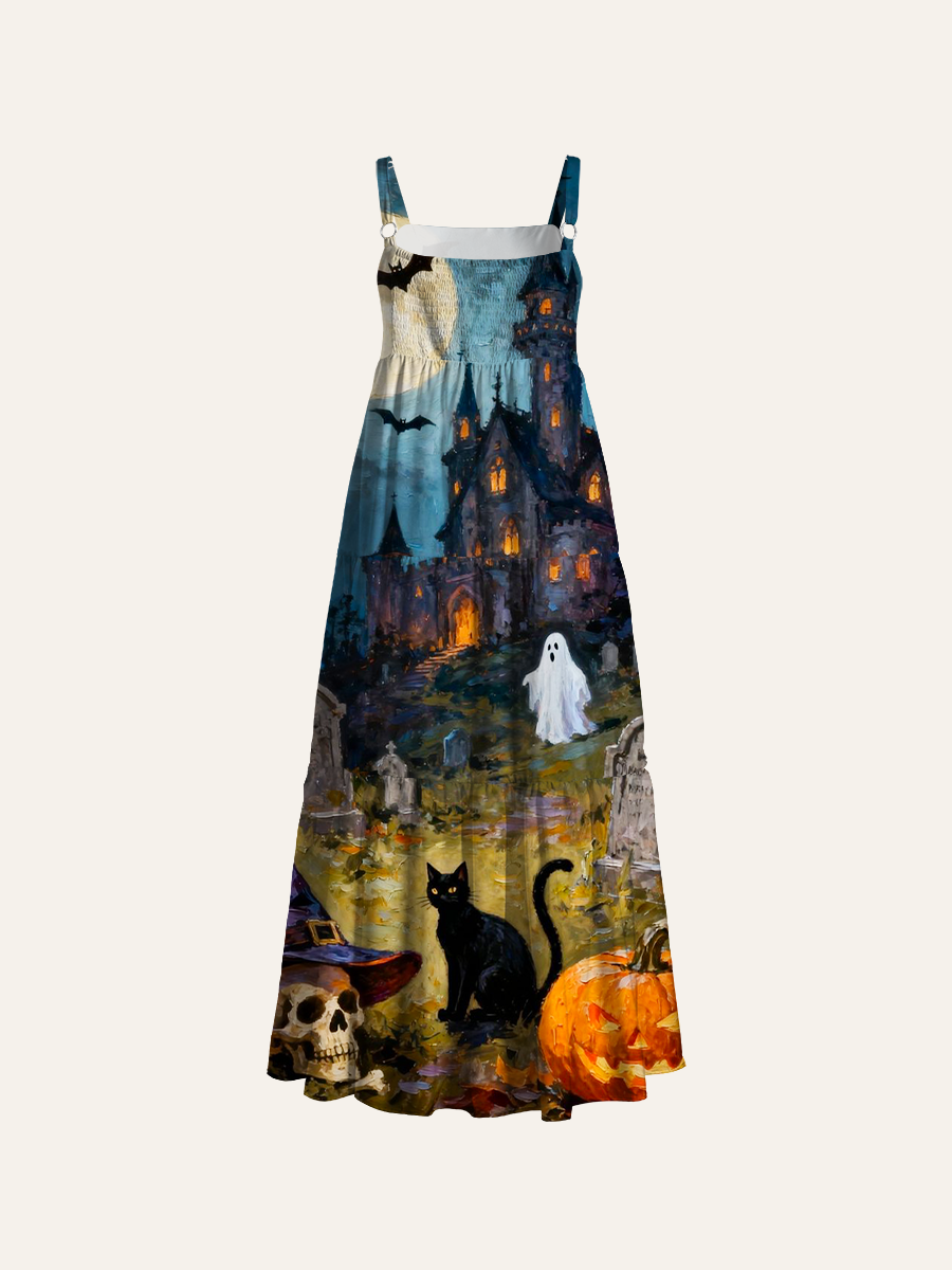 Vintage Oil Painting Haunted Castle Halloween Adjustable Wide Straps Maxi Dress