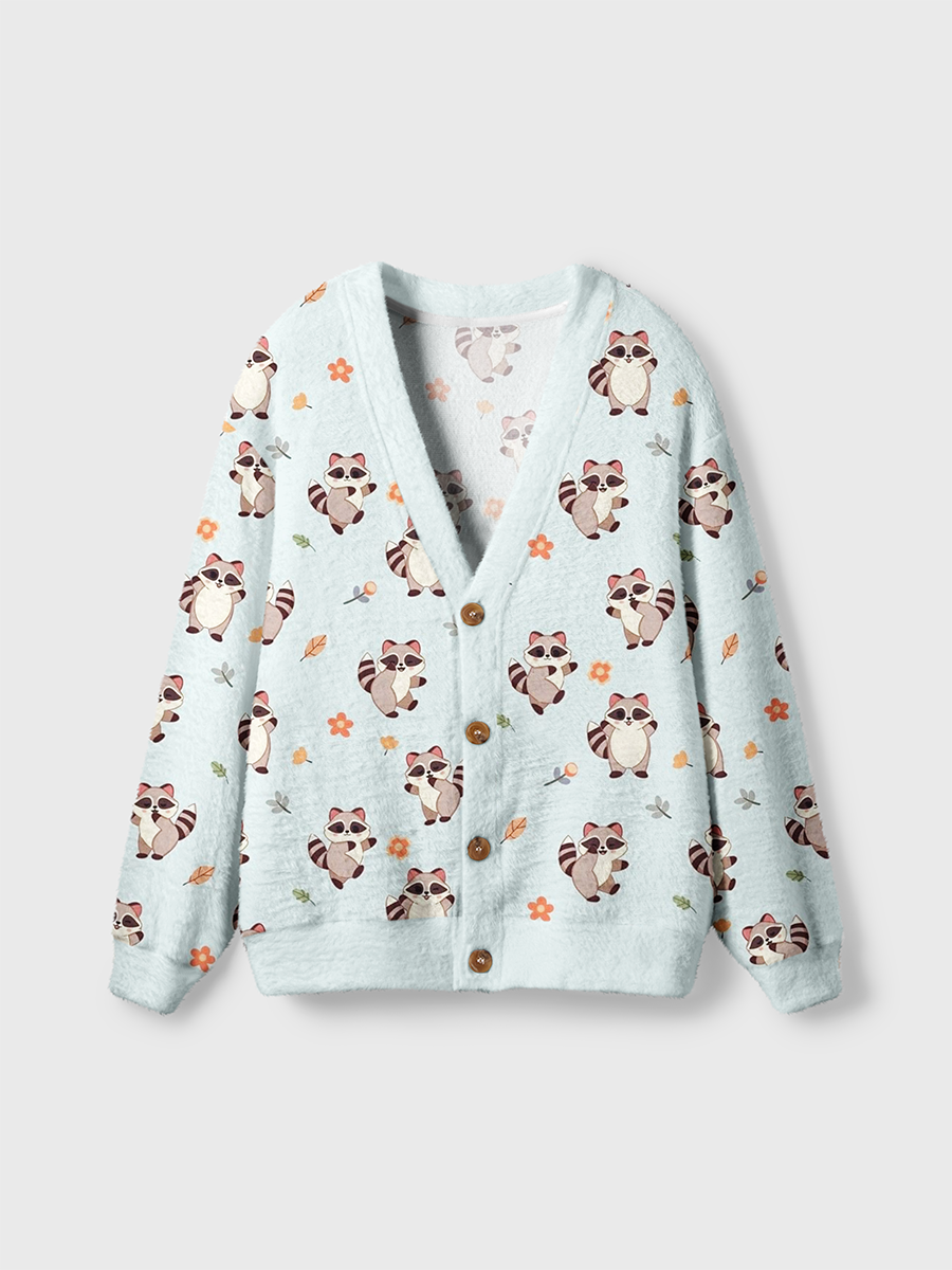 Vintage Cute Quirky Raccoons And Fallen Leaves Cardigan Sweaters