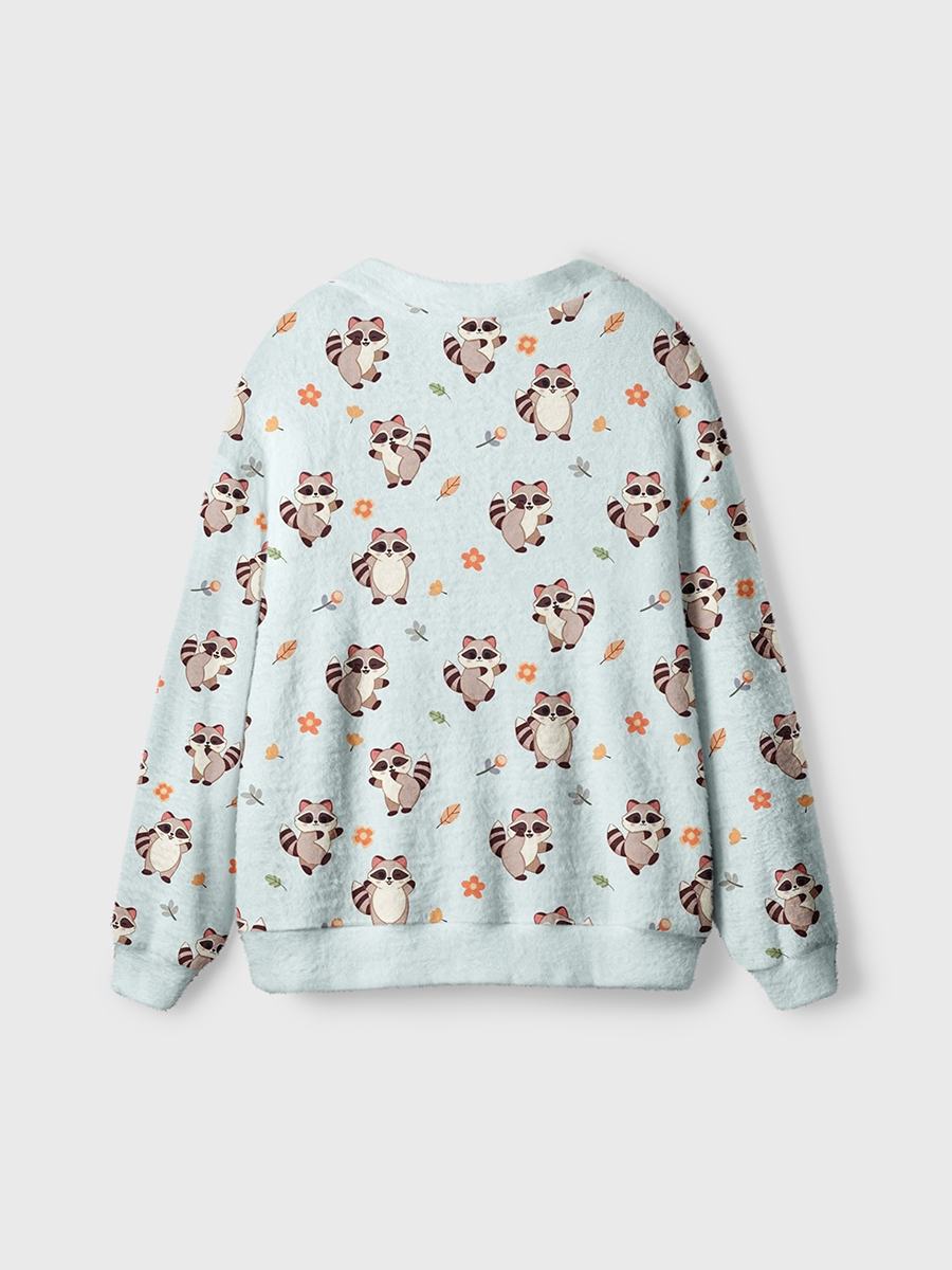 Vintage Cute Quirky Raccoons And Fallen Leaves Cardigan Sweaters