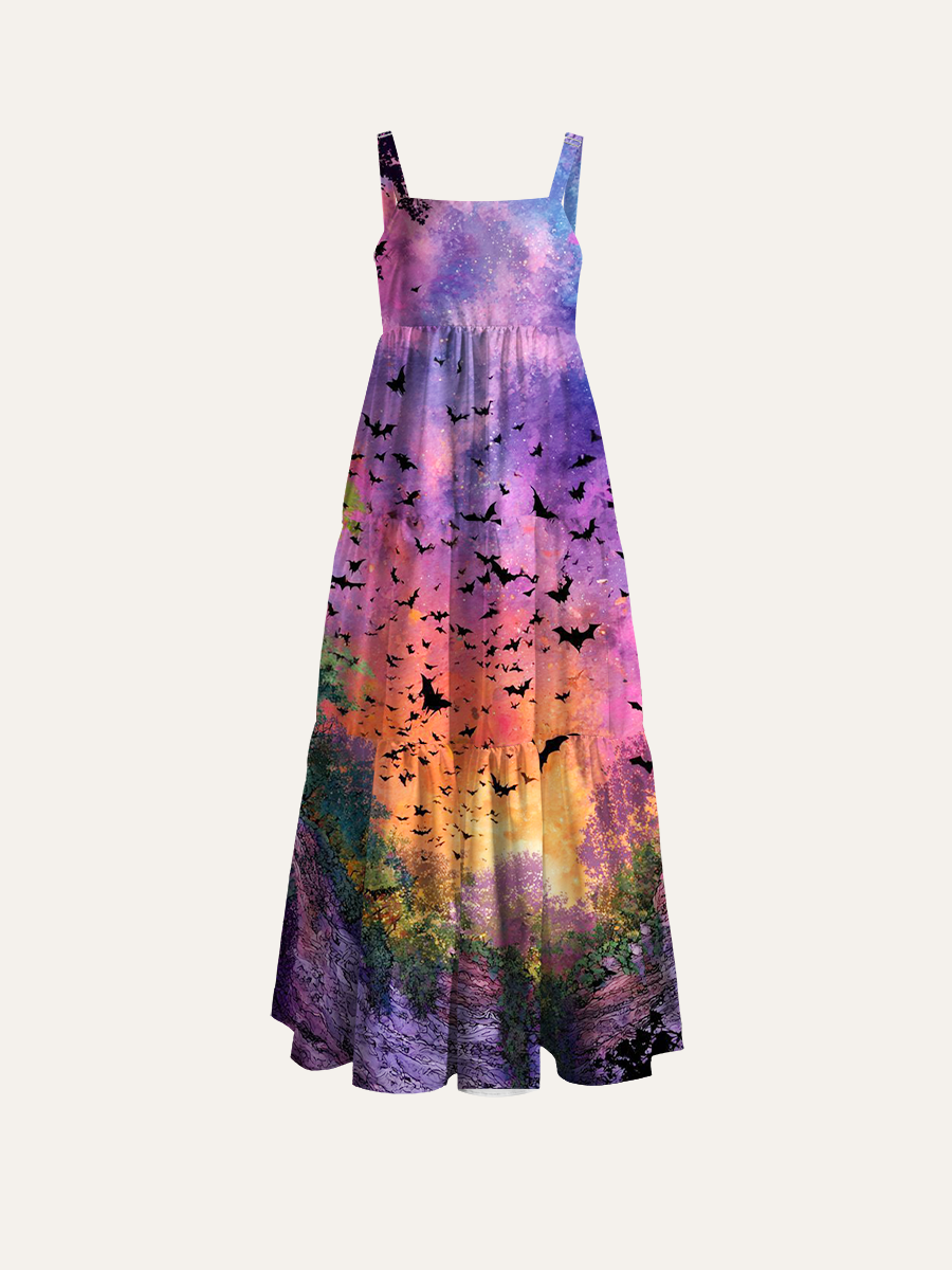 Watercolor Cosmic Valley Bat Halloween Adjustable Wide Straps Maxi Dress