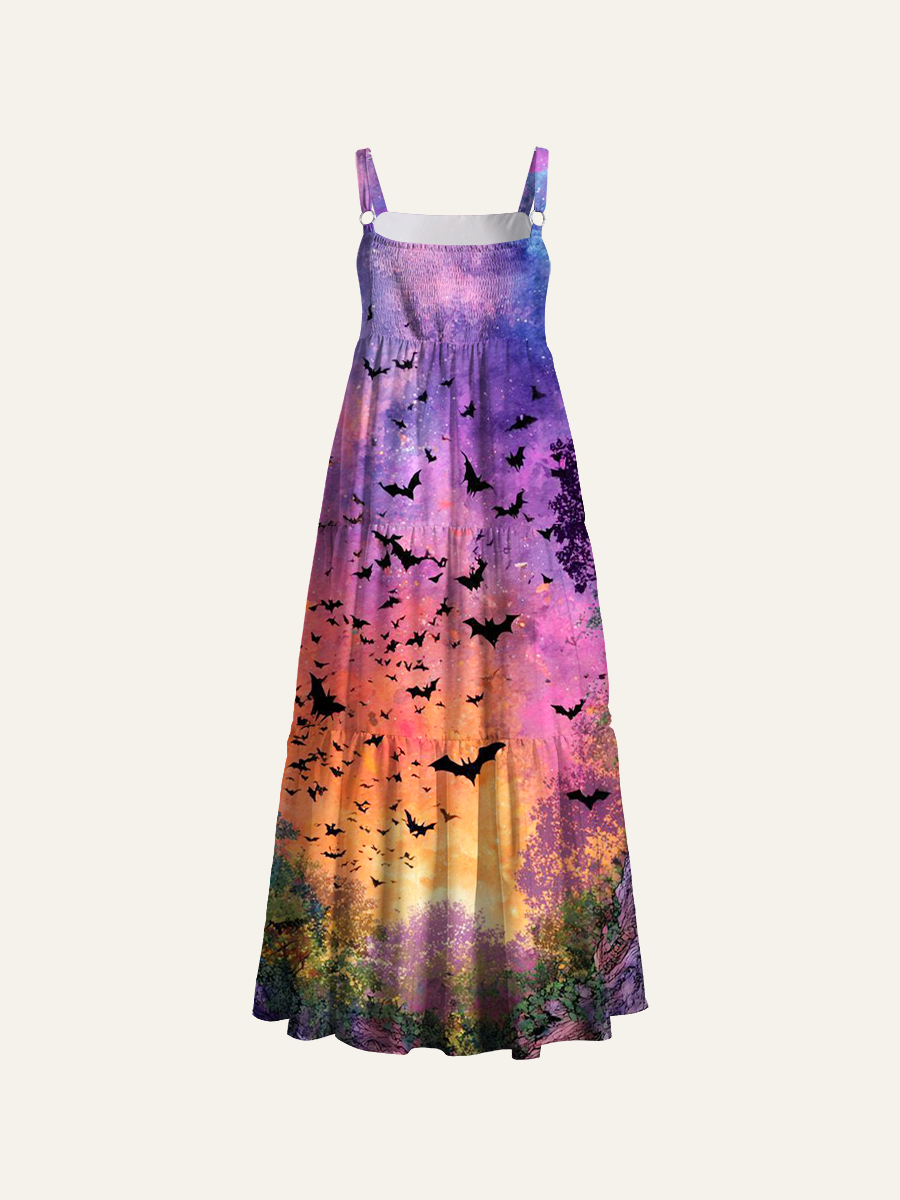Watercolor Cosmic Valley Bat Halloween Adjustable Wide Straps Maxi Dress