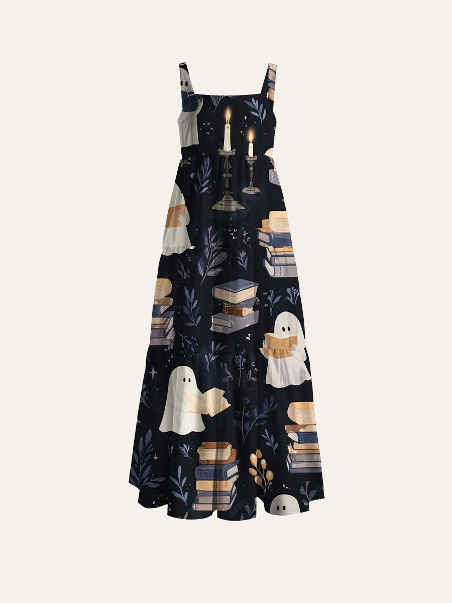 Cute Bookish Ghost Dark Cottage Halloween Adjustable Wide Straps Maxi Dress