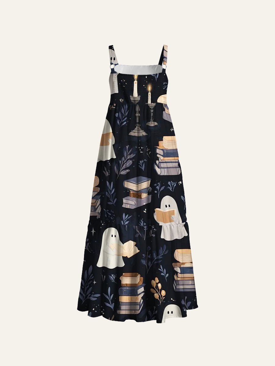 Cute Bookish Ghost Dark Cottage Halloween Adjustable Wide Straps Maxi Dress