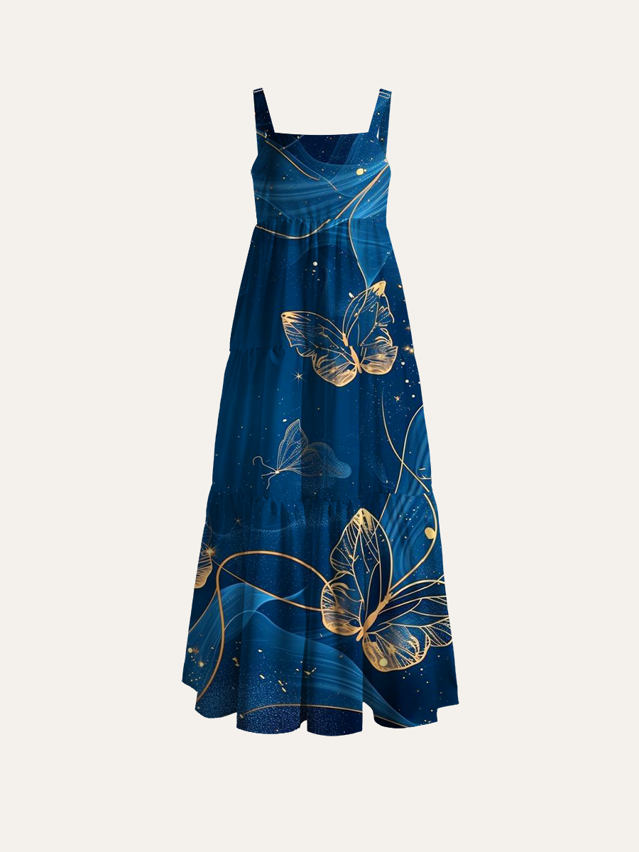 Luxury Dark Navy Cosmic Gold Butterfly Adjustable Wide Straps Maxi Dress