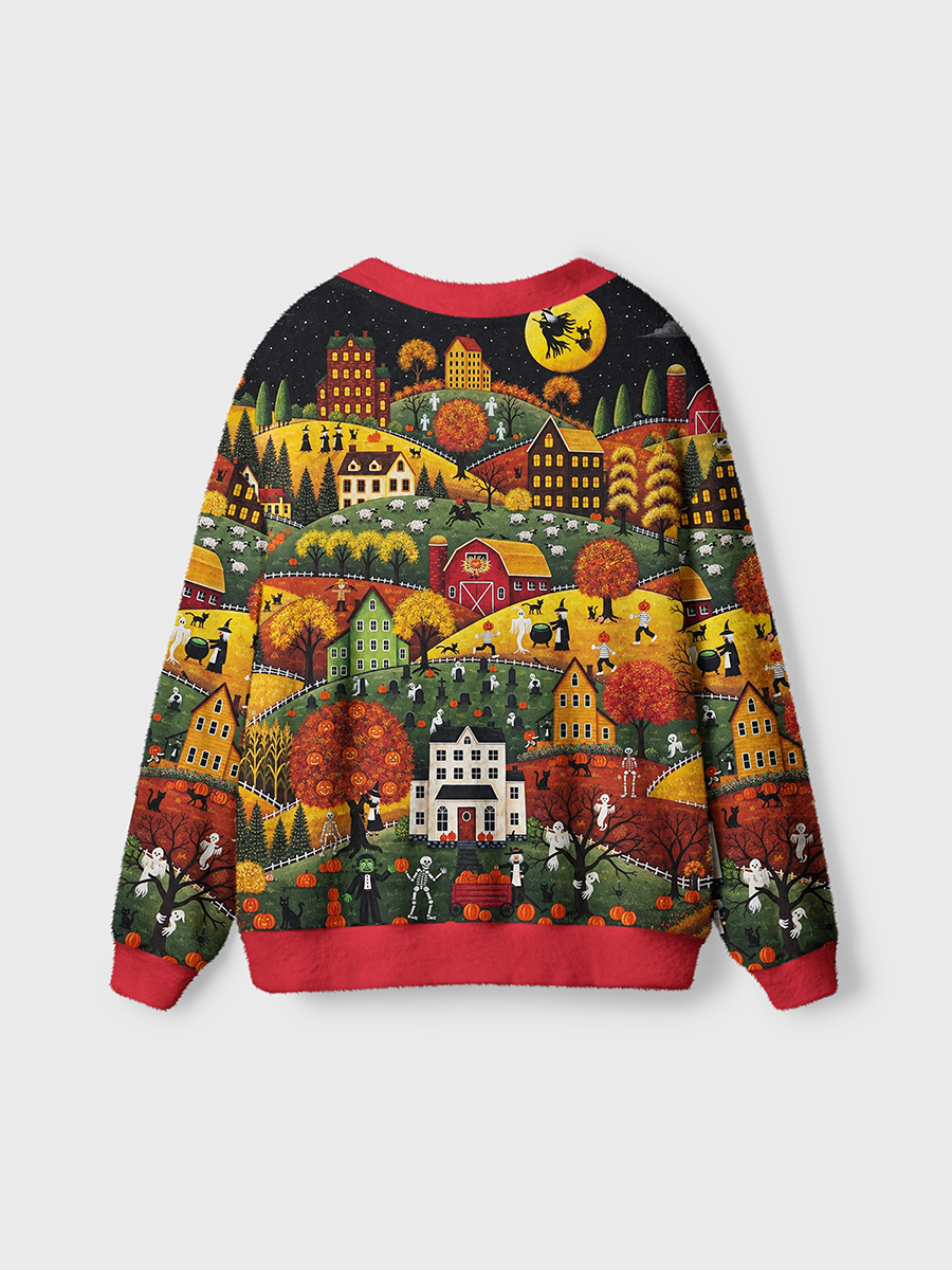 Vintage Rich And Complex Holiday Scenery Illustration Cardigan Sweaters