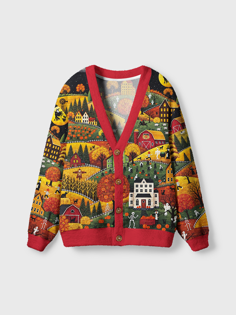 Vintage Rich And Complex Holiday Scenery Illustration Cardigan Sweaters