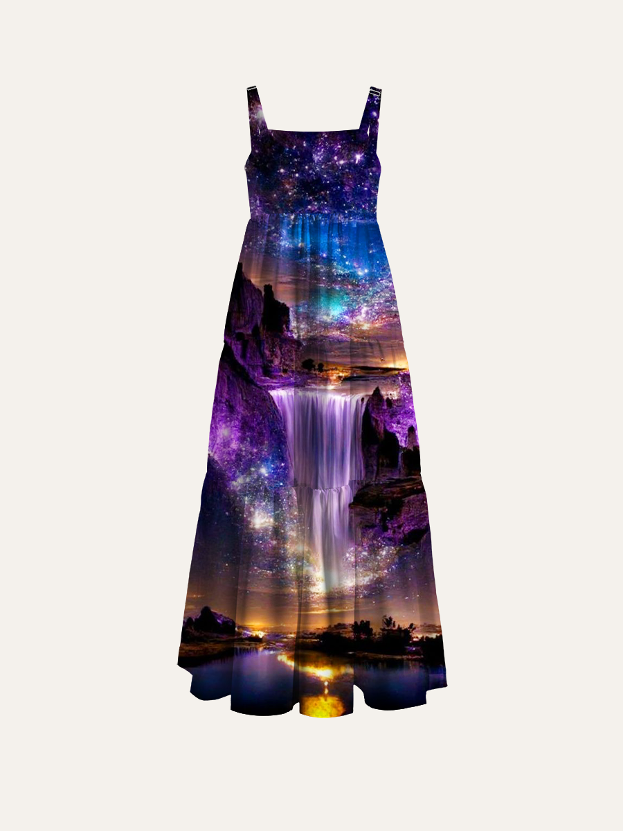 Magical Purple Milky Way Waterfall Landscape Adjustable Wide Straps Maxi Dress