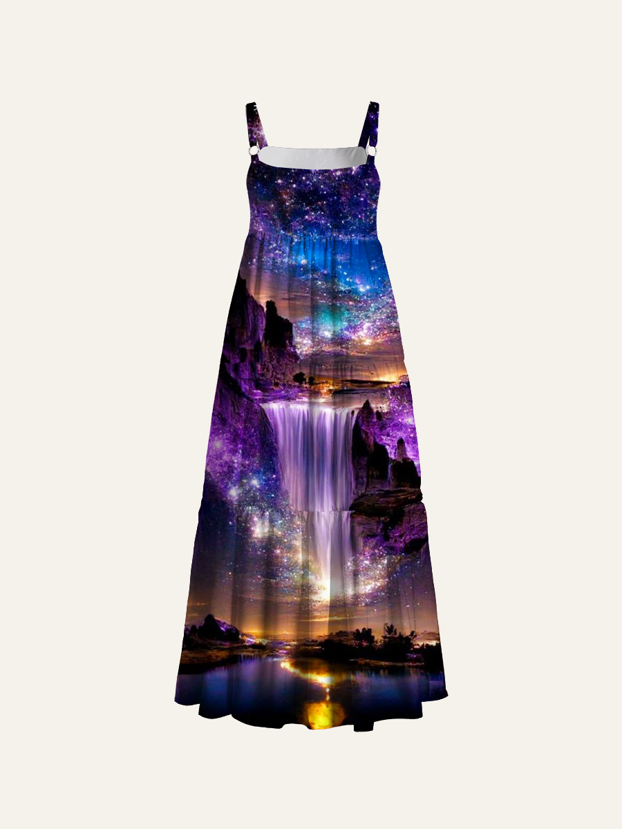 Magical Purple Milky Way Waterfall Landscape Adjustable Wide Straps Maxi Dress