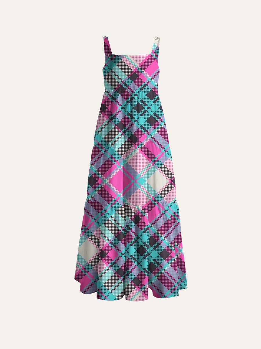 Vibrant Pastel Checkered Print Adjustable Wide Straps Maxi Dress