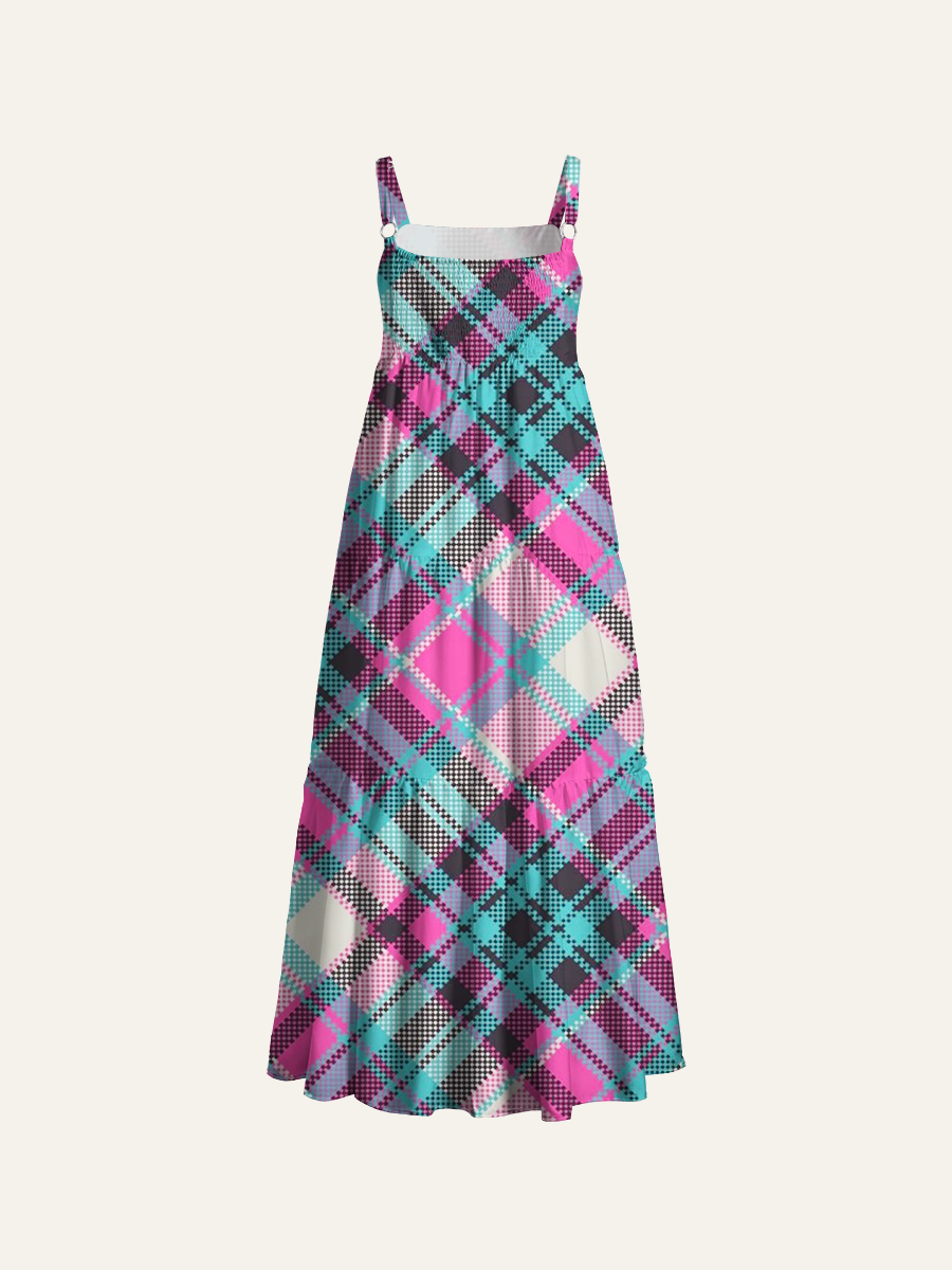 Vibrant Pastel Checkered Print Adjustable Wide Straps Maxi Dress