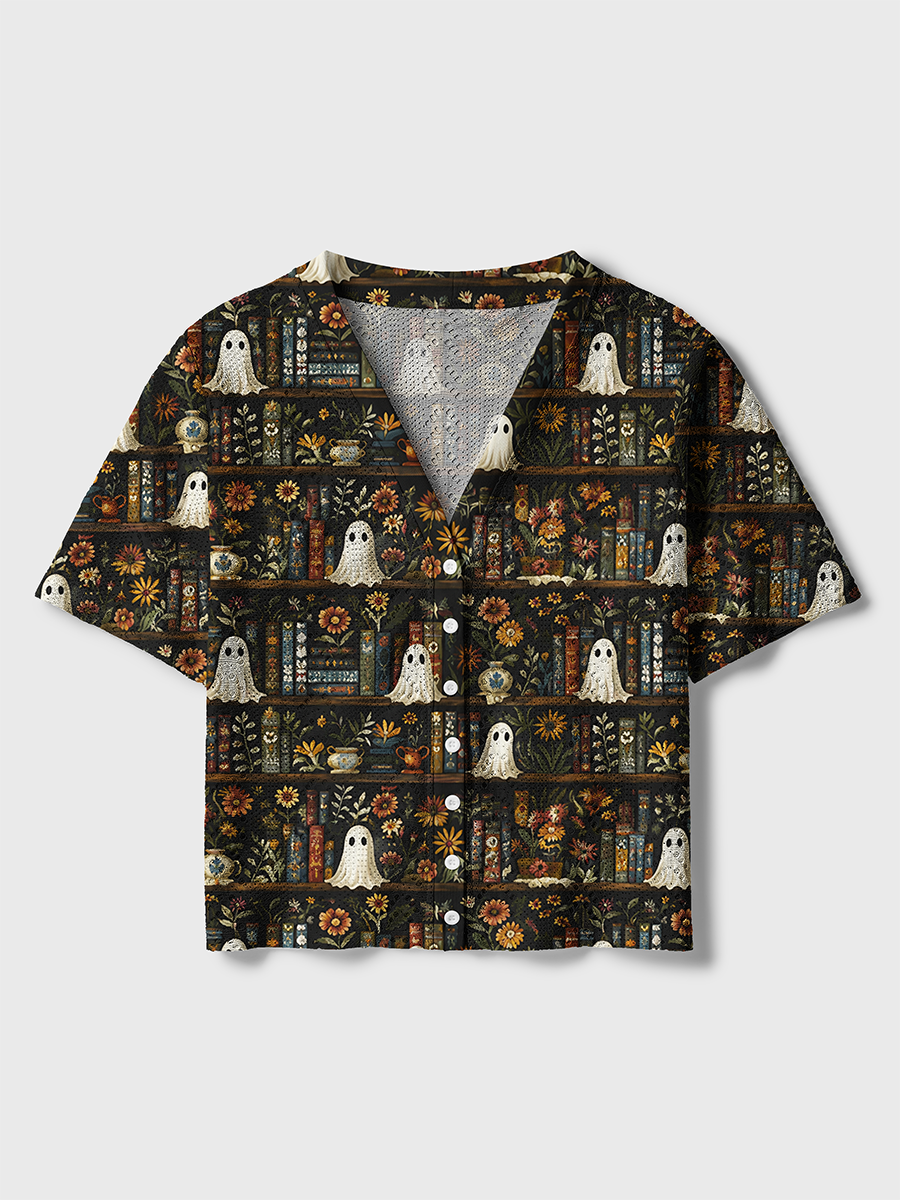 Vintage Tiered Bookshelf Fall Flower Ghost Crochet Button Down Cardigan