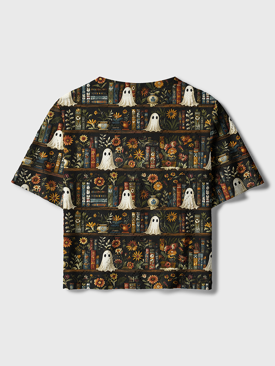 Vintage Tiered Bookshelf Fall Flower Ghost Crochet Button Down Cardigan