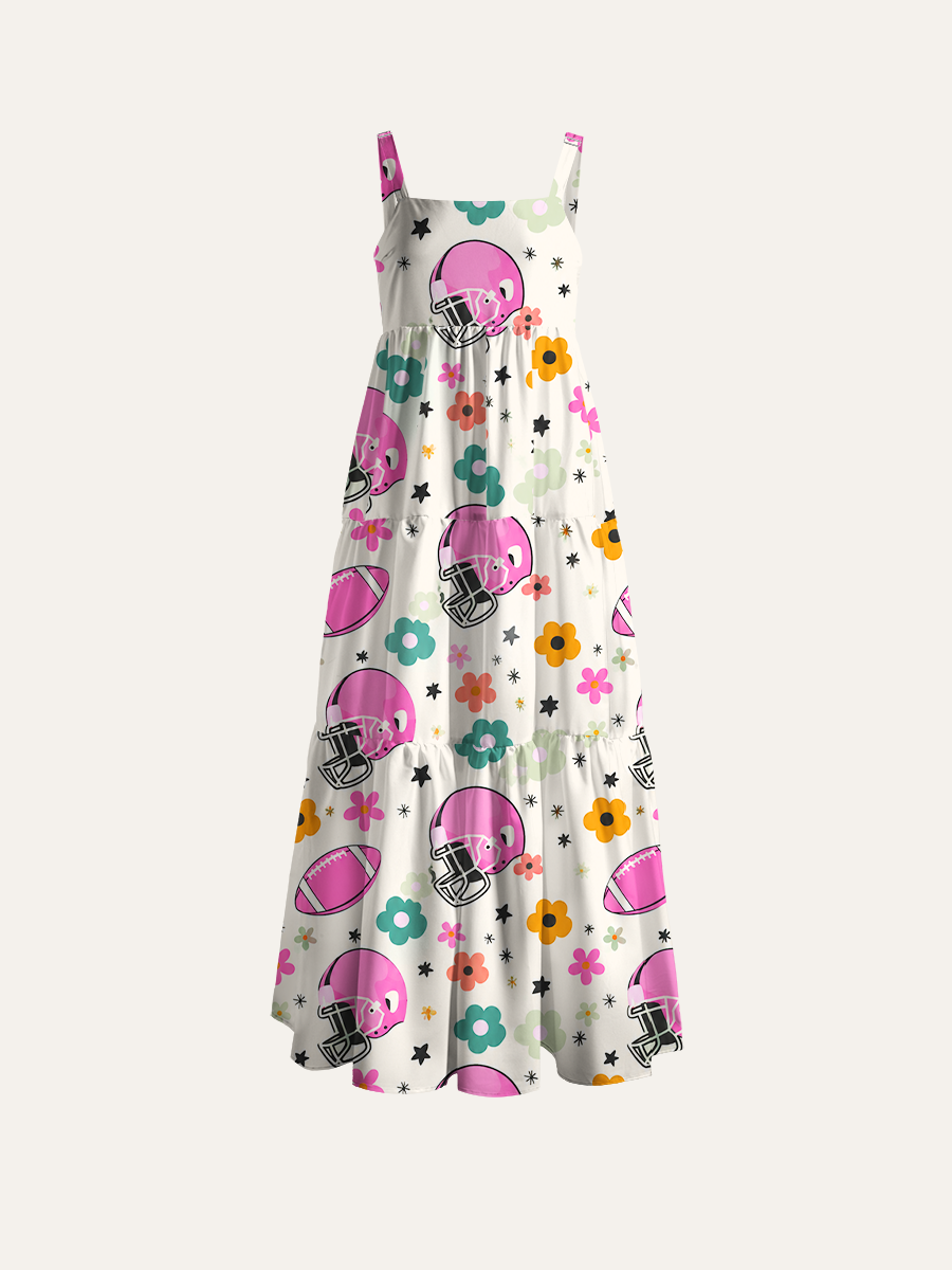 Coquette Cream Football Floral Adjustable Wide Straps Maxi Dress