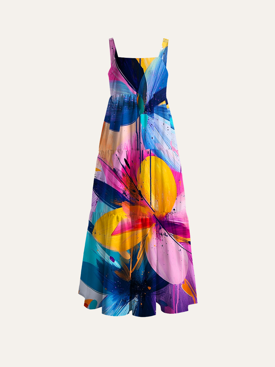 Vibrant Neon Gradient Blooms Adjustable Wide Straps Maxi Dress